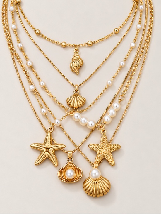 Anthropologie Jewelry - New! Gold Shell Starfish Necklace Stack Set NWOT 5088